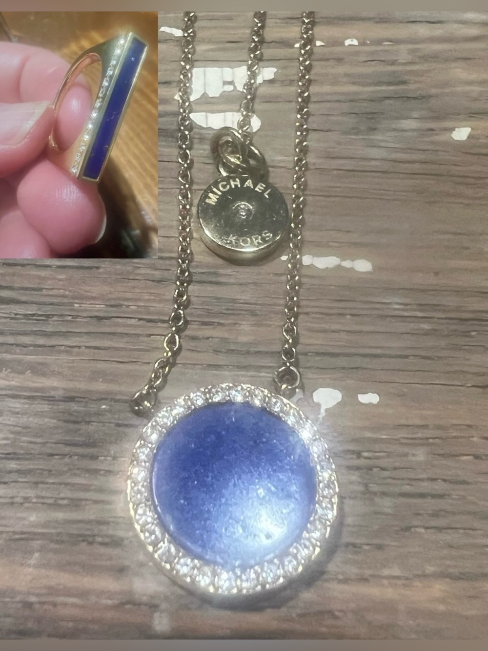 Michael Kor Royal Blue Lapis Lazuli Crystal Pendant & Ring Set Size 7